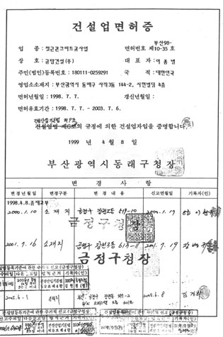 철근콘크리트공사업 건설업면허증